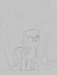 Size: 1637x2160 | Tagged: safe, artist:dtcx97, oc, oc only, oc:wintertide, insect, ladybug, pegasus, pony, :o, explicit source, grayscale, insect on nose, insect on someone, ladybug on nose, monochrome, open mouth, pegasus oc, rain, solo, tree