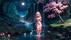 Size: 3840x2160 | Tagged: safe, ai assisted, ai content, generator:autismmix_confetti, generator:stable diffusion, prompter:truekry, fluttershy, human, equestria girls, g4, cherry blossoms, cherry tree, chinese dress, clothes, dress, flower, flower blossom, high res, looking at you, moon, night, river, scenery, smiling, smiling at you, tree, water, waterfall
