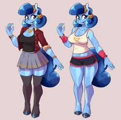 Size: 2136x2116 | Tagged: safe, artist:whatsapokemon, oc, oc only, oc:heart song, crystal pony, anthro, unguligrade anthro, belly button, blue hair, bracelet, breasts, cleavage, clothes, crystal pony oc, eyebrows, eyebrows visible through hair, female, hooves, jacket, jewelry, midriff, necklace, outfit, reference, shorts, simple background, skirt, smiling, socks, solo, tank top, teeth, thigh highs, workout outfit, zettai ryouiki
