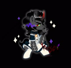 Size: 1664x1600 | Tagged: source needed, safe, artist:肆万, king sombra, pony, unicorn, g4, apron, black background, clothes, collar, crossdressing, hoof shoes, horn, maid, male, simple background, socks, solo, stallion, stockings, thigh highs, unamused