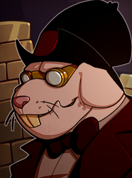 Size: 1040x1400 | Tagged: safe, artist:bunnyshrubby, verko, naked mole rat, equestria at war mod, bowtie, bust, clothes, goggles, gold, hat, jacket, portrait, solo, top hat