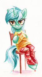 Size: 691x1278 | Tagged: safe, artist:kaermter, lyra heartstrings, pony, unicorn, g4, clothes, crossed hooves, female, horn, mare, meme, pants, simple background, sitting, sitting lyra, solo, sweater, white background
