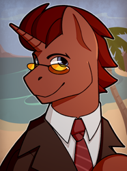 Size: 1040x1400 | Tagged: safe, artist:bunnyshrubby, oc, oc only, oc:ponse cocktail, pony, unicorn, equestria at war mod, bust, clothes, glasses, horn, jacket, necktie, ocean, palm tree, portrait, solo, tree, water