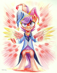 Size: 1123x1441 | Tagged: safe, artist:kaermter, scootaloo, pegasus, pony, g4, bipedal, choker, colored wings, hat, jester hat, solo, spread wings, tailcoat, wings