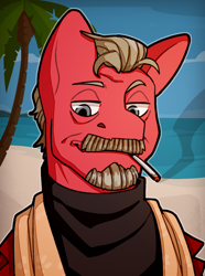 Size: 1040x1400 | Tagged: safe, artist:bunnyshrubby, oc, oc only, oc:coffee bean, earth pony, pony, equestria at war mod, beard, bust, cigarette, clothes, facial hair, moustache, ocean, palm tree, portrait, smoke, solo, tree, water