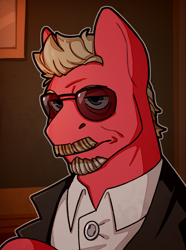 Size: 1040x1400 | Tagged: safe, artist:bunnyshrubby, oc, oc only, oc:coffee bean, equestria at war mod, beard, bust, clothes, facial hair, glasses, jacket, moustache, portrait, solo, sunglasses