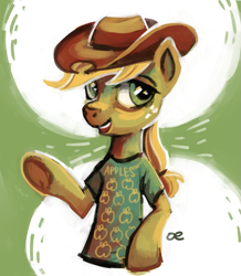 Size: 1153x1323 | Tagged: safe, artist:kaermter, applejack, earth pony, semi-anthro, g4, abstract background, applejack's hat, clothes, cowboy hat, female, hat, shirt, solo, t-shirt