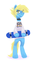 Size: 802x1263 | Tagged: safe, artist:kaermter, oc, oc only, earth pony, pony, bipedal, choker, clothes, ear piercing, earring, eyebrows, eyebrows visible through hair, jewelry, piercing, shirt, simple background, skateboard, solo, spiked choker, white background