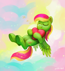 Size: 1509x1658 | Tagged: safe, artist:kaermter, oc, oc only, pegasus, pony, abstract background, commission, floating, heart, onomatopoeia, sleeping, solo, sound effects, zzz