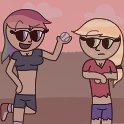 Size: 2500x2500 | Tagged: safe, artist:melionstar, applejack, rainbow dash, human, baseball, clothes, duo, duo female, female, freckles, humanized, open mouth, shirt, shoes, shorts, sneakers, socks, sports, sports bra, sports shorts, t-shirt