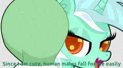 Size: 1280x716 | Tagged: safe, artist:scandianon, lyra heartstrings, oc, oc:anon, human, pony, unicorn, g4, bedroom eyes, fangs, female, horn, human male, lidded eyes, looking sideways, male, mare, meme, open mouth, talking, that pony sure does love humans