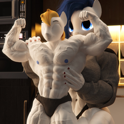 Size: 2200x2200 | Tagged: safe, artist:dashie116, oc, oc only, oc:atom quanto, oc:daria quanto, earth pony, anthro, 3d, abs, anthro oc, armpits, bicep flex, biceps, bodybuilder, breasts, busty oc, clothes, daz studio, duo, earth pony oc, female, flexing, high res, larger female, looking at you, male, male nipples, mother and child, mother and son, muscles, muscular female, muscular male, nipples, pecs, pose, size difference, smaller male, smiling, teenager, thighs, thunder thighs, triceps