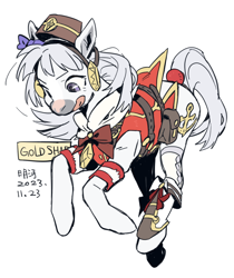 Size: 686x815 | Tagged: safe, artist:wangcai323, earth pony, pony, clothes, female, gold ship, hat, mare, ponified, simple background, text, uma musume pretty derby, white background