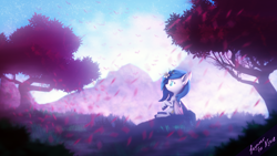 Size: 3840x2160 | Tagged: safe, artist:lagmanor, oc, oc:xenia amata, bat pony, pony, 3d, blurry background, falling leaves, female, flower, flower in hair, high res, inspired by another artist, leaves, looking up, mountain, sitting, solo, solo female, source filmmaker, tree