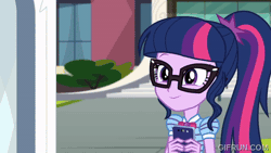 Size: 520x293 | Tagged: safe, screencap, sci-twi, twilight sparkle, human, equestria girls, g4, my little pony equestria girls: choose your own ending, text support, text support: rarity, animated, cellphone, cute, emoji, female, geode of telekinesis, gif, gifrun.com, magical geodes, phone, solo, twiabetes