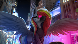 Size: 4000x2250 | Tagged: safe, artist:darky_wings, oc, oc only, oc:darky wings, pegasus, pony, building, city, clothes, female, glowing, glowing eyes, hoodie, mask, neon, new york, new york city, night, socks, spread wings, stockings, thigh highs, wings