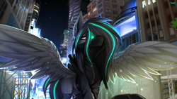 Size: 4000x2250 | Tagged: safe, artist:darky_wings, neon lights, rising star, oc, oc only, oc:lumishade, pegasus, pony, building, city, clothes, female, glowing, glowing eyes, mask, neon, new york, new york city, night, piercing, socks, spread wings, stockings, thigh highs, wings