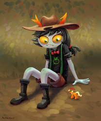 Size: 2448x2937 | Tagged: safe, artist:kaermter, applejack, earth pony, pony, applejack's hat, boots, bowtie, clothes, cowboy hat, hat, homestuck, horns, shirt, shoes, shorts, sitting, solo, species swap, suspenders, t-shirt, toy, troll (homestuck), trollified
