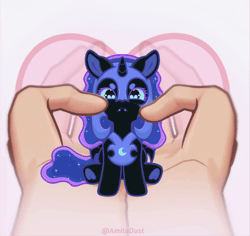 Size: 784x740 | Tagged: safe, artist:amitadust, artist:auroracursed, nightmare moon, princess luna, alicorn, pony, g4, animated, blushing, cute, gif, hand, happy, in goliath's palm, lunabetes, open mouth, size difference, weapons-grade cute