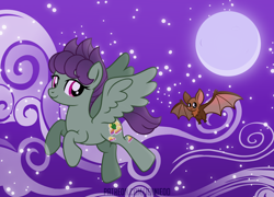 Size: 1200x864 | Tagged: safe, artist:jennieoo, oc, oc:dust cloud, oc:pima, bat, pegasus, pony, g4, bat wings, cloud, cloudy, commission, flying, moon, night, show accurate, starry night, vector, wings