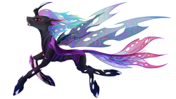 Size: 5430x3054 | Tagged: safe, artist:arisu-kun, oc, oc only, oc:ariska, changeling, g4, colored pupils, colored wings, curved horn, digital art, ethereal mane, fangs, flowing mane, gem, high res, horn, intersex, lidded eyes, looking at you, multicolored mane, multicolored tail, multicolored wings, pink eyes, simple background, solo, spread wings, starry mane, starry tail, starry wings, tail, teeth, transparent background, wings