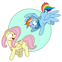 Size: 1600x1600 | Tagged: safe, artist:doodledonutart, fluttershy, rainbow dash, pegasus, pony, g4, chest fluff, duo, duo female, eyes open, female, floating, folded wings, looking at each other, looking at someone, looking back, open mouth, open smile, passepartout, smiling, smiling at each other, spread wings, walking, wings
