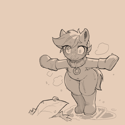 Size: 1200x1200 | Tagged: safe, artist:cold-blooded-twilight, scootaloo, pegasus, semi-anthro, belly button, blushing, boots, collar, cute, female, filly, foal, monochrome, rain, shoes, sketch, smiling, t pose, weapons-grade cute