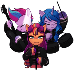 Size: 3500x3363 | Tagged: safe, artist:maren, izzy moonbow, sunny starscout, zipp storm, earth pony, pegasus, pony, g5, clothes, drums, drumsticks, electric guitar, eyes closed, female, guitar, hoof heart, jacket, mane stripe sunny, mare, microphone, microphone stand, musical instrument, my chemical romance, rock and roll, simple background, the black parade, underhoof, unshorn fetlocks, welcome to the black parade, white background