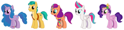 Size: 6400x1560 | Tagged: safe, artist:goodwitchmegana, hitch trailblazer, izzy moonbow, pipp petals, sunny starscout, zipp storm, earth pony, pegasus, unicorn, g4, g5, female, g5 to g4, generation leap, horn, male, mane five, mane stripe sunny, simple background, white background