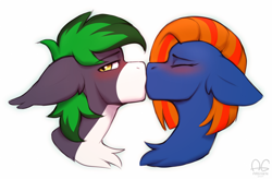 Size: 2662x1742 | Tagged: safe, artist:argigen, oc, oc only, pony, blushing, bust, chest fluff, duo, eyebrows, eyebrows visible through hair, floppy ears, kiss on the lips, kissing, oc x oc, shipping, shy, simple background, sketch, white background