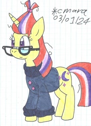Size: 843x1164 | Tagged: safe, artist:cmara, moondancer, unicorn, g4, clothes, colored sketch, female, glasses, graph paper, horn, sketch, solo, sweater, traditional art