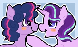 Size: 747x453 | Tagged: safe, artist:twilypie, starlight glimmer, twilight sparkle, alicorn, pony, unicorn, g4, alternate hairstyle, blushing, boop, cute, duo, duo female, female, heart, heart eyes, horn, lesbian, looking at each other, looking at someone, mare, nose wrinkle, noseboop, open mouth, open smile, outline, passepartout, ship:twistarlight, shipping, smiling, twilight poofle, twilight sparkle (alicorn), wingding eyes