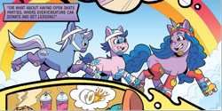 Size: 813x408 | Tagged: safe, artist:gigi dutreix, idw, official comic, izzy moonbow, earth pony, pony, unicorn, g5, my little pony: tell your tale, official, spoiler:comic, spoiler:g5, spoiler:g5comic, cropped, female, helmet, horn, male, mare, my little pony: kenbucky roller derby, roller derby, roller skates, skates, smiling, stallion, unnamed character, unnamed pony, unshorn fetlocks