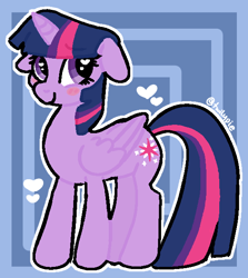 Size: 554x622 | Tagged: safe, artist:twilypie, twilight sparkle, alicorn, pony, g4, blushing, cute, female, floppy ears, folded wings, full body, heart, heart eyes, horn, looking at you, mare, outline, signature, smiling, smiling at you, solo, twiabetes, twilight sparkle (alicorn), wingding eyes, wings