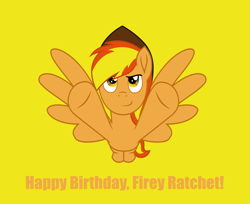 Size: 980x800 | Tagged: safe, artist:rogan140, oc, oc only, oc:firey ratchet, pegasus, g4, fedora, flying, happy birthday, hat, male, simple background, solo, yellow background