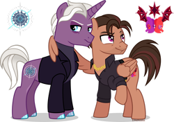 Size: 1920x1352 | Tagged: safe, artist:limedazzle, oc, oc only, oc:michael, oc:stuart, pegasus, pony, unicorn, clothes, duo, duo male, horn, hug, male, simple background, stallion, transparent background, winghug, wings
