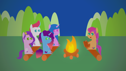 Size: 1920x1080 | Tagged: safe, artist:carrotorangelight, izzy moonbow, misty brightdawn, pipp petals, sunny starscout, zipp storm, earth pony, pegasus, pony, unicorn, g5, campfire, female, horn, log, pointy ponies, sitting