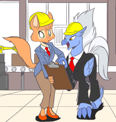 Size: 948x996 | Tagged: safe, artist:nauyaco, color edit, edit, sky beak, fox, hippogriff, clothes, colored, crossover, diane foxington, female, hard hat, hat, high heels, shoes, the bad guys, wings
