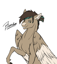 Size: 2000x2245 | Tagged: safe, artist:monolith_skyline, oc, oc only, oc:banshee, pegasus, pony, looking at you, male, pegasus oc, simple background, smiling, smiling at you, stallion, sternocleidomastoid, white background, wings