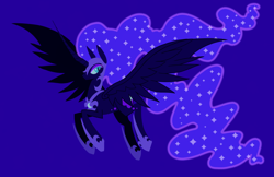 Size: 2386x1546 | Tagged: safe, artist:acura, nightmare moon, alicorn, pony, g4, blue background, female, horn, long horn, mare, simple background, slit pupils, solo, spread wings, wings