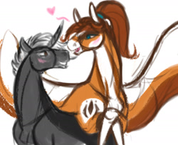 Size: 1738x1412 | Tagged: safe, artist:snedrir, oc, oc only, oc:blacksun, unicorn, black fur, blue eyes, blushing, brown eyes, coat markings, equine, fangs, female, heart, horn, long wings, looking at each other, looking at someone, male, needs more jpeg, oc x oc, ponytail, realistic horse legs, shipping, short hair, smiling, spread wings, straight, unicorn oc, white mane, wings
