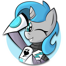 Size: 2550x2550 | Tagged: safe, artist:vareb, oc, oc only, oc:tango starfall, pony, unicorn, armor, armored pony, blue eyes, blue hair, female, horn, looking at you, mare, one eye closed, salute, science fiction, smiling, solo, wink, winking at you