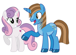 Size: 1664x1203 | Tagged: safe, artist:ncolque, sweetie belle, oc, oc:sharp stars, pony, unicorn, g4, duo, duo male and female, female, horn, looking at each other, looking at someone, male, mare, older, older sweetie belle, open mouth, raised hoof, simple background, stallion, transparent background