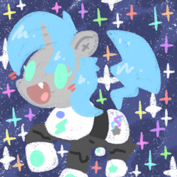 Size: 2000x2000 | Tagged: safe, artist:pompom, oc, oc only, oc:tango starfall, pony, unicorn, armor, armored pony, blue mane, blue tail, female, gray coat, horn, mare, power armor, smiling, solo, space, stars, tail