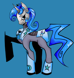 Size: 1668x1739 | Tagged: safe, artist:phanztombzz, oc, oc only, oc:tango starfall, pony, unicorn, armor, armored pony, blue mane, blue tail, gray coat, horn, power armor, smiling, solo, tail