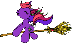 Size: 288x171 | Tagged: artist needed, safe, oc, oc only, oc:bramble berry, pony, unicorn, g1, 2010, animated, bow, braid, braided ponytail, broom, eyes closed, female, gif, horn, mare, non-animated gif, open mouth, open smile, ponytail, riding a broom, simple background, smiling, solo, tail, tail bow, transparent background, unicorn oc, windswept hair, windswept mane, windswept tail