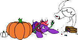 Size: 432x224 | Tagged: safe, artist:sketchyswirl, oc, oc only, oc:bramble berry, ghost, pony, undead, unicorn, g1, 2010, animated, bag, bow, braid, braided ponytail, candy, female, food, gif, halloween, holiday, horn, mare, non-animated gif, open mouth, paper bag, ponytail, pumpkin, raised hoof, scared, simple background, tail, tail bow, transparent background, unicorn oc