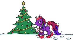 Size: 432x240 | Tagged: artist needed, source needed, safe, oc, oc only, oc:bramble berry, pony, unicorn, g1, 2010, bow, braid, braided ponytail, chibi, christmas, christmas tree, clothes, female, holiday, horn, mare, ponytail, raised hoof, scarf, simple background, snow, socks, solo, striped scarf, tail, tail bow, tree, unicorn oc, white background