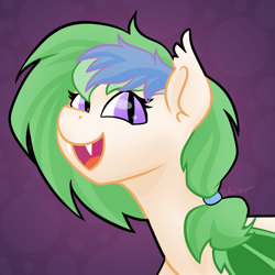 Size: 2000x2000 | Tagged: safe, artist:cadetredshirt, oc, oc only, bat pony, pony, bat pony oc, bat wings, bust, cat eyes, commission, digital art, ear fluff, fangs, green mane, looking at camera, looking at you, slit pupils, solo, two toned mane, wings