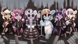 Size: 7112x4000 | Tagged: safe, artist:partypievt, applejack, fluttershy, pinkie pie, rainbow dash, rarity, twilight sparkle, alicorn, earth pony, pegasus, pony, unicorn, g4, bass guitar, bipedal, clothes, desktop background, drumsticks, electric guitar, gas mask, guitar, horn, hospital gown, iv drip, looking at you, mane six, mask, microphone, musical instrument, my chemical romance, the black parade, twilight sparkle (alicorn), wallpaper